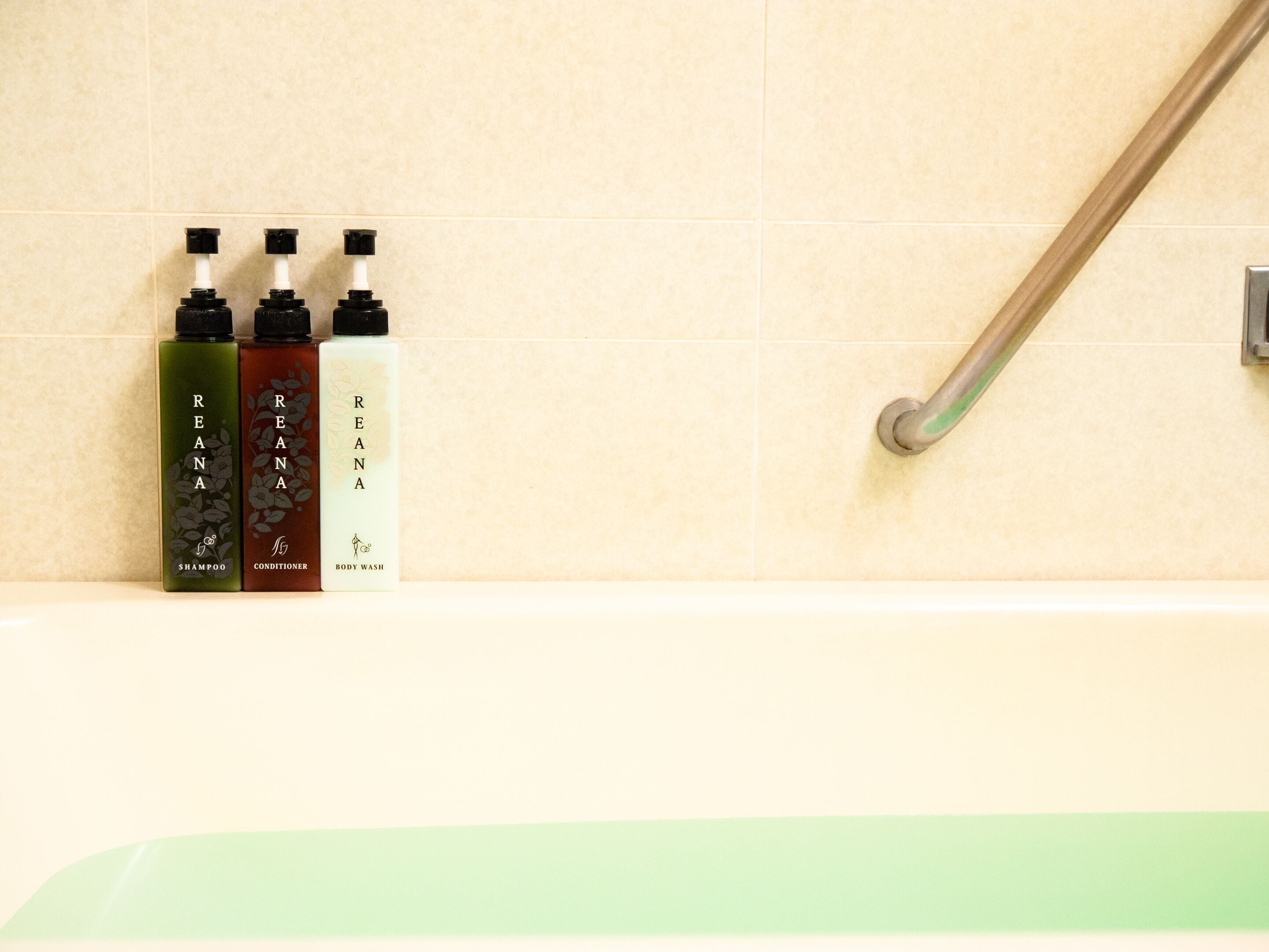 combined shower/bathtub, deep-soaking bathtub, hair dryer, slippers