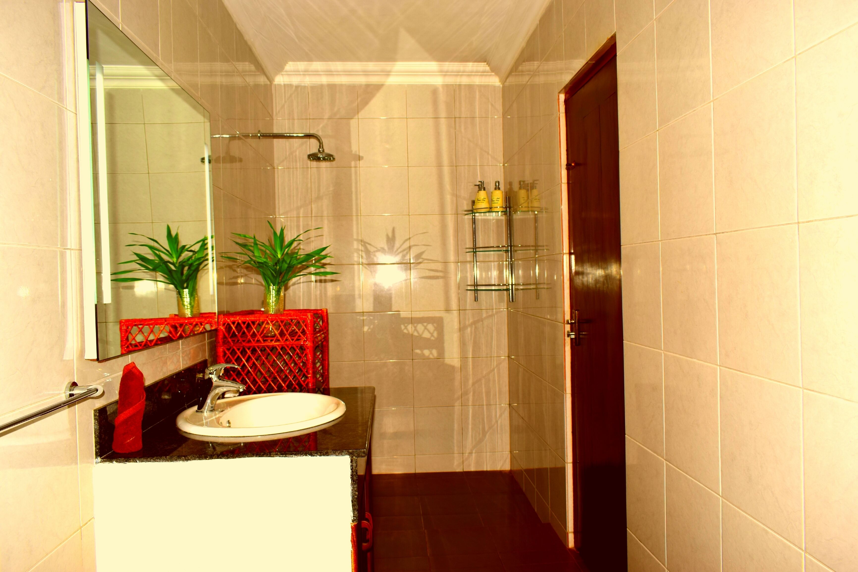 Une salle de bain équipée d’un lavabo, d’un miroir et d’un espace douche.