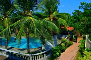 Une piscine entourée de palmiers et un chemin menant à un bâtiment.