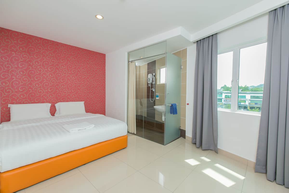 Une chambre d’hôtel avec un lit, une douche en cabine de verre et une vue sur l’extérieur.