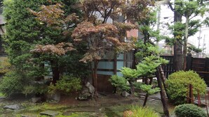 A traditional Japanese garden with a pond, moss-covered rocks, and various trees.