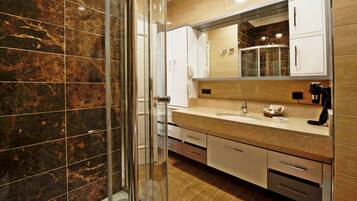 Shower, free toiletries, hair dryer, bathrobes
