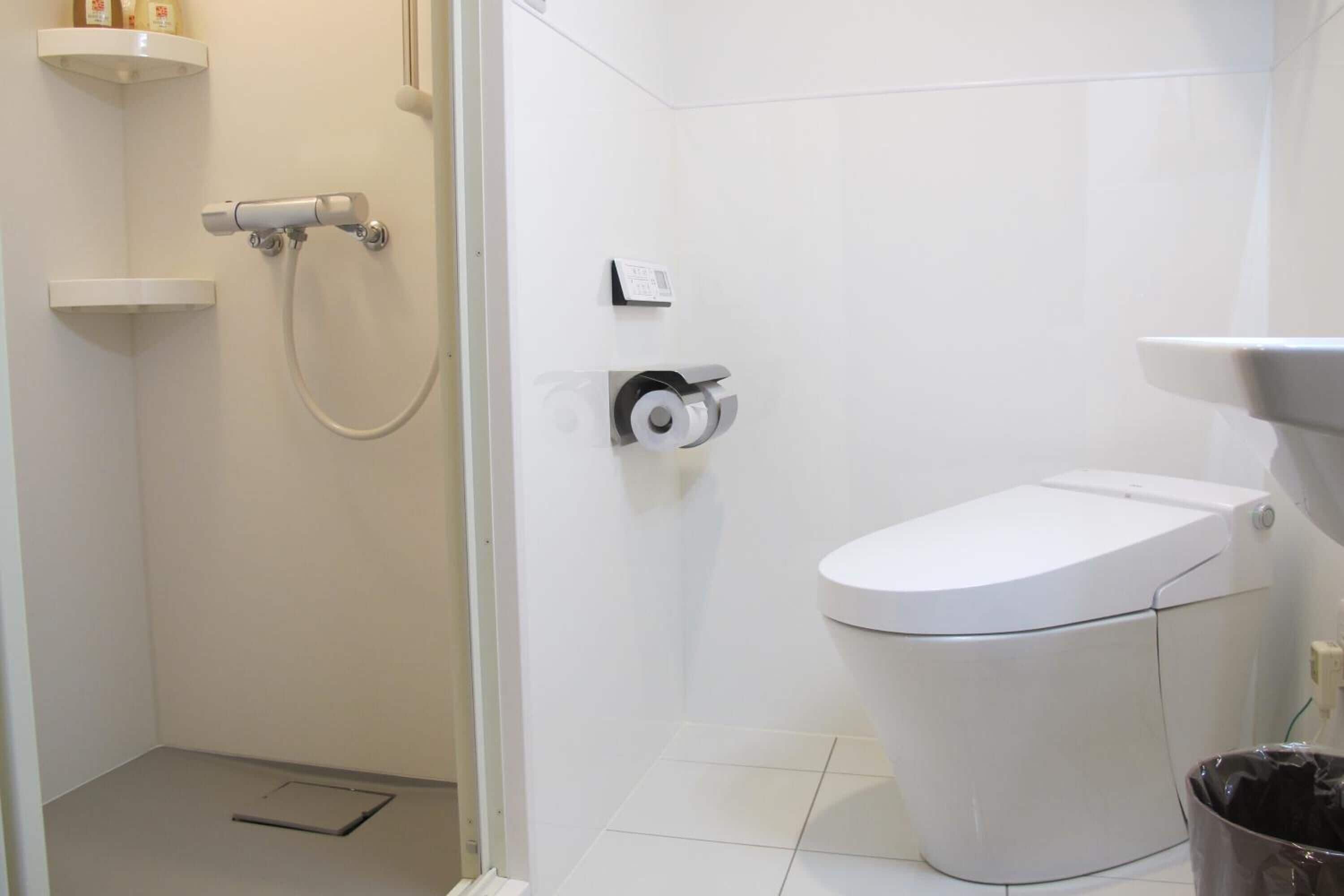 A bathroom with a toilet, a shower, and a toilet paper holder.