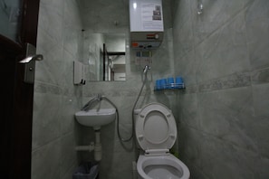 Un bagno con WC, lavabo e doccia.