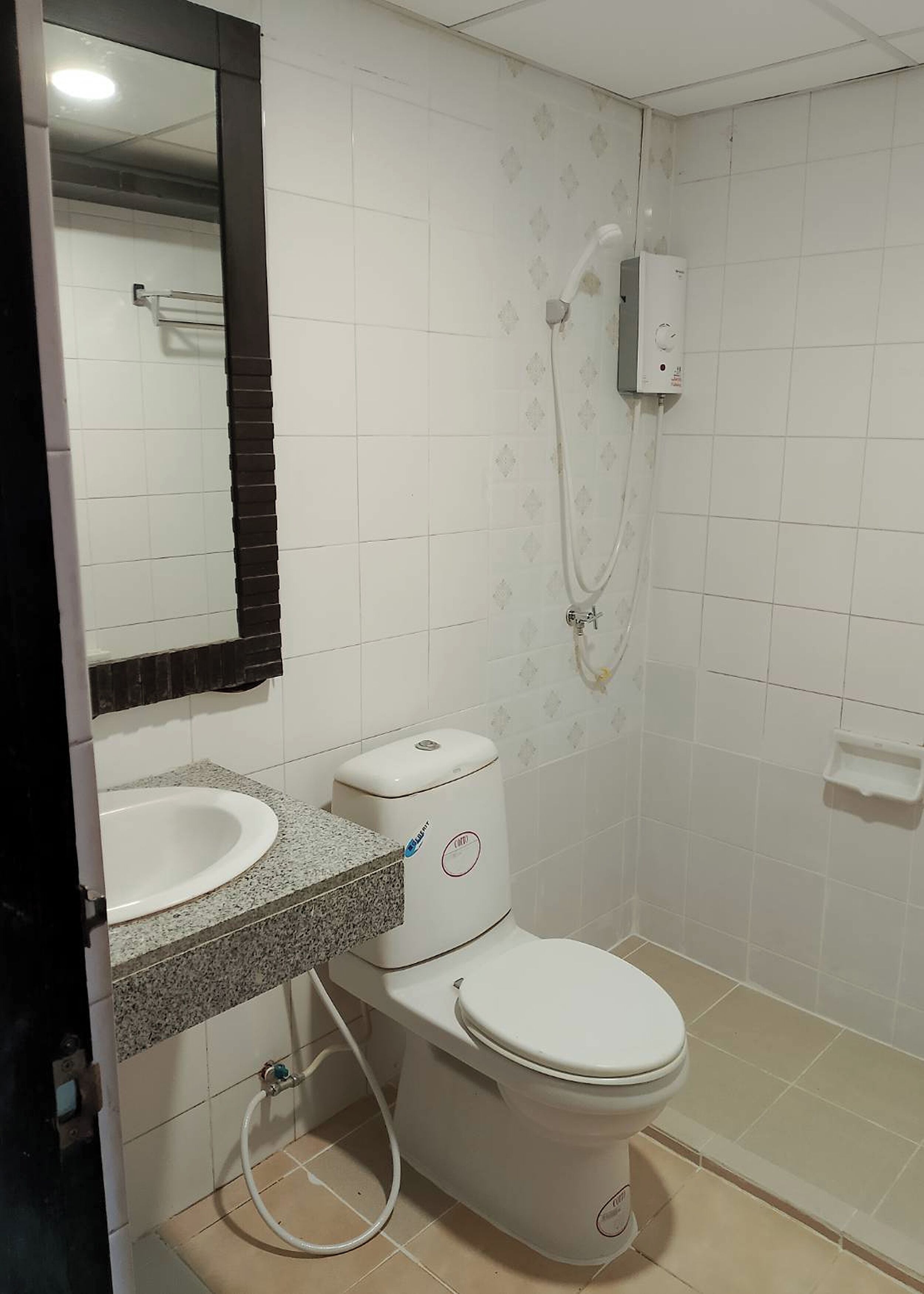 A bathroom with a white toilet, a sink with a granite countertop, a mirror, and a shower with a handheld showerhead.