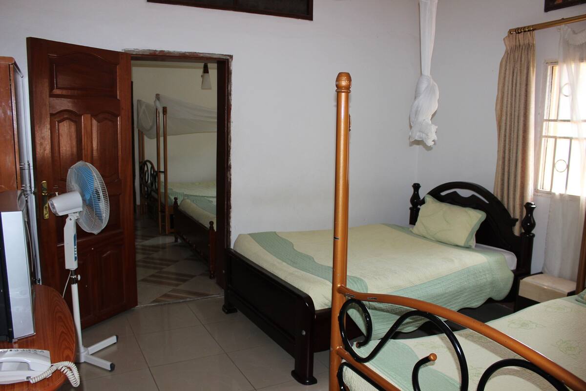 A bedroom with two beds, a wooden door, a standing fan, and a telephone.