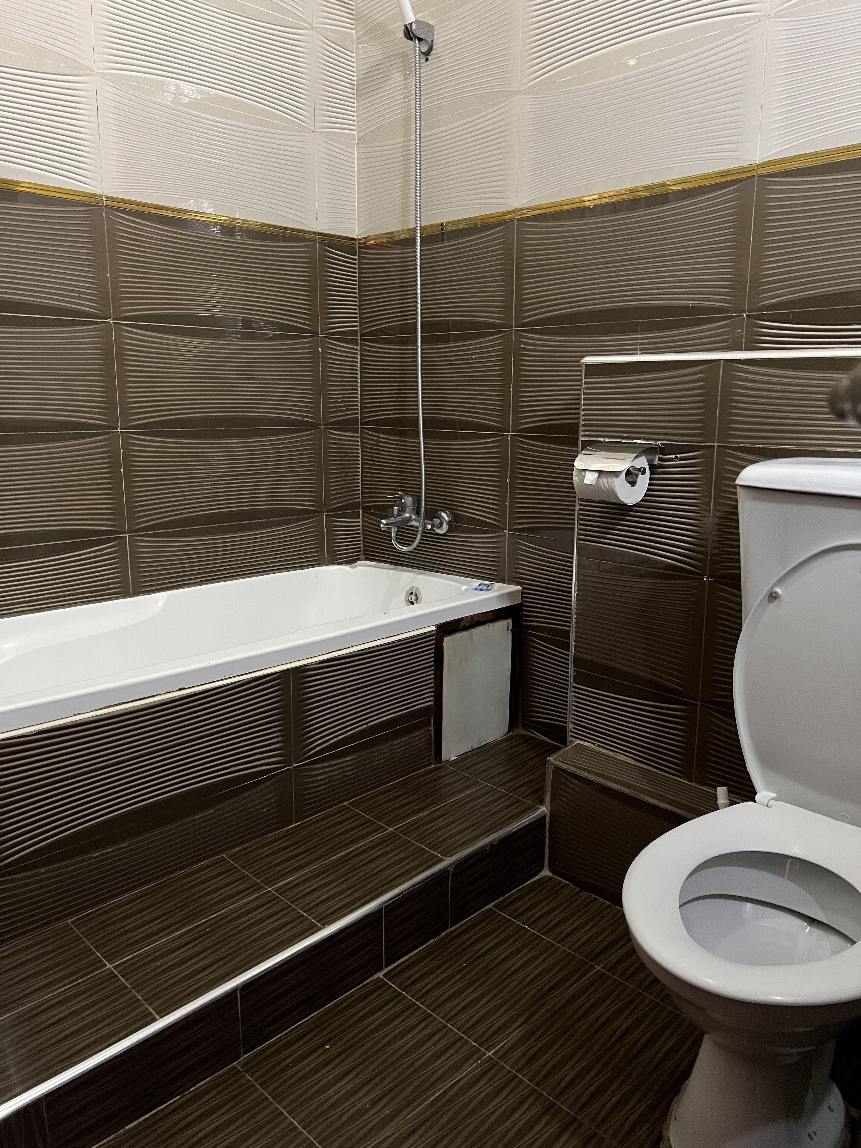 A modern bathroom with a bathtub, toilet, and shower.