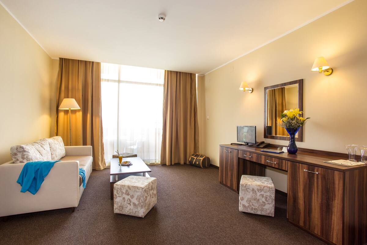 Une chambre d’hôtel équipée d’un canapé, d’un bureau, d’une télévision, d’un miroir et d’un vase avec des fleurs.
