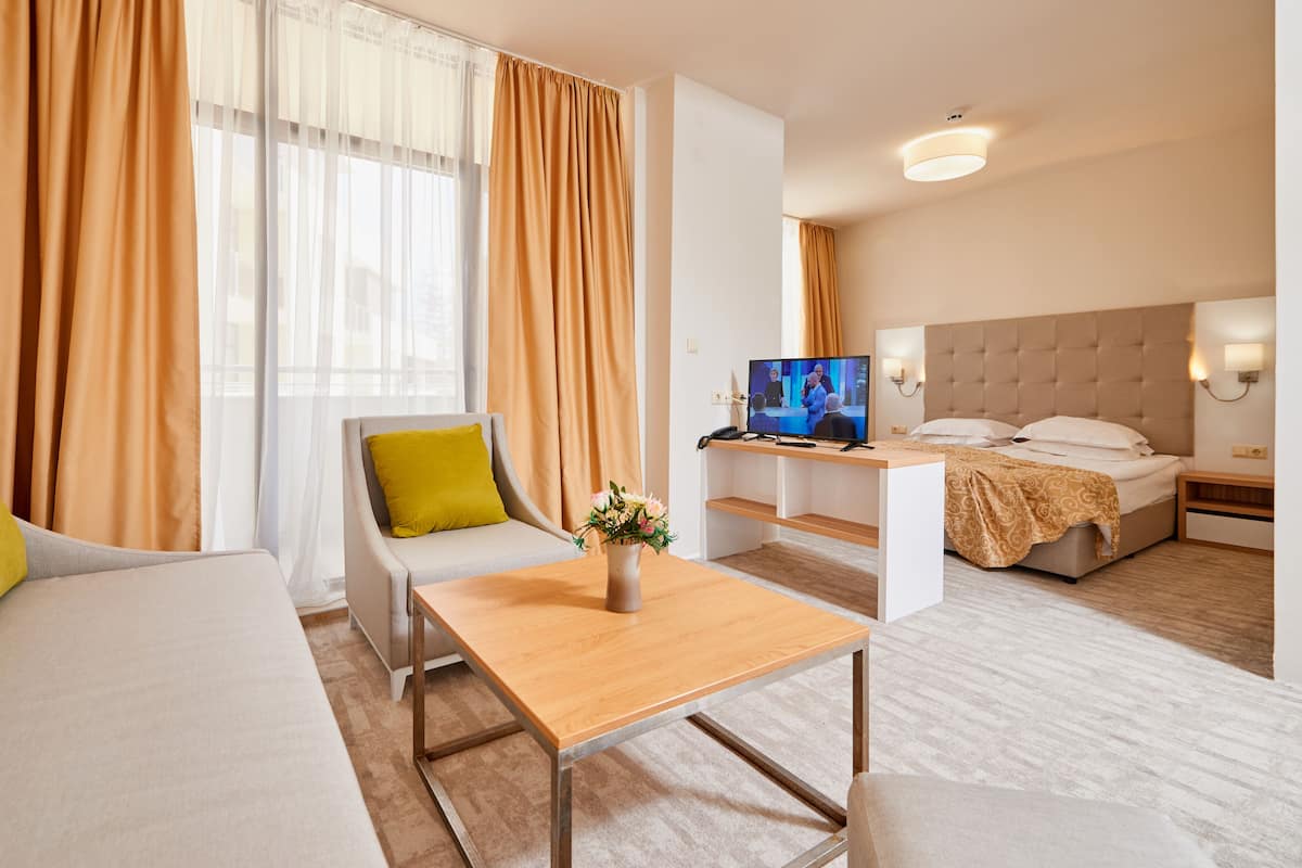 Une chambre d’hôtel moderne comprenant un canapé, une petite table avec un vase, un lit, une télévision et une table de chevet.