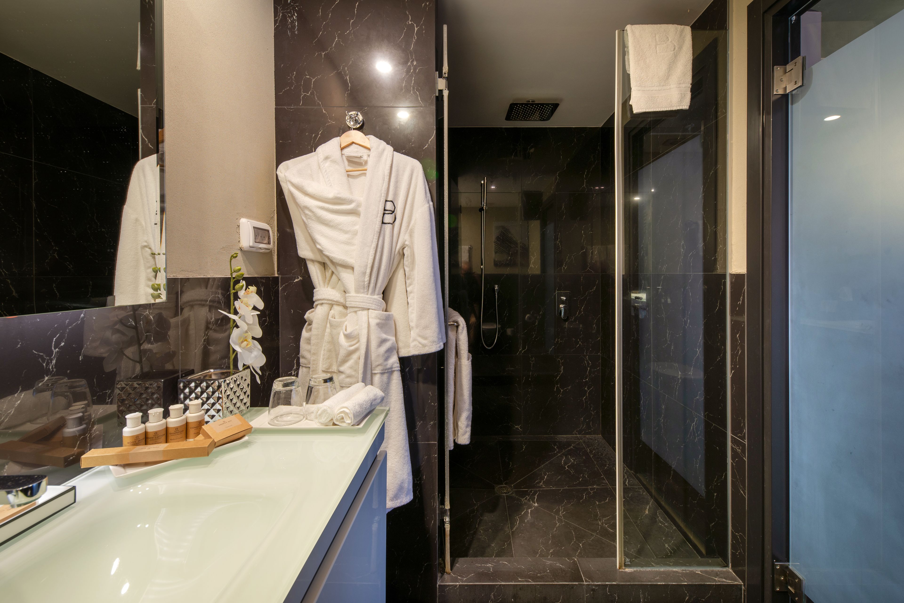 shower, free toiletries, hair dryer, bathrobes