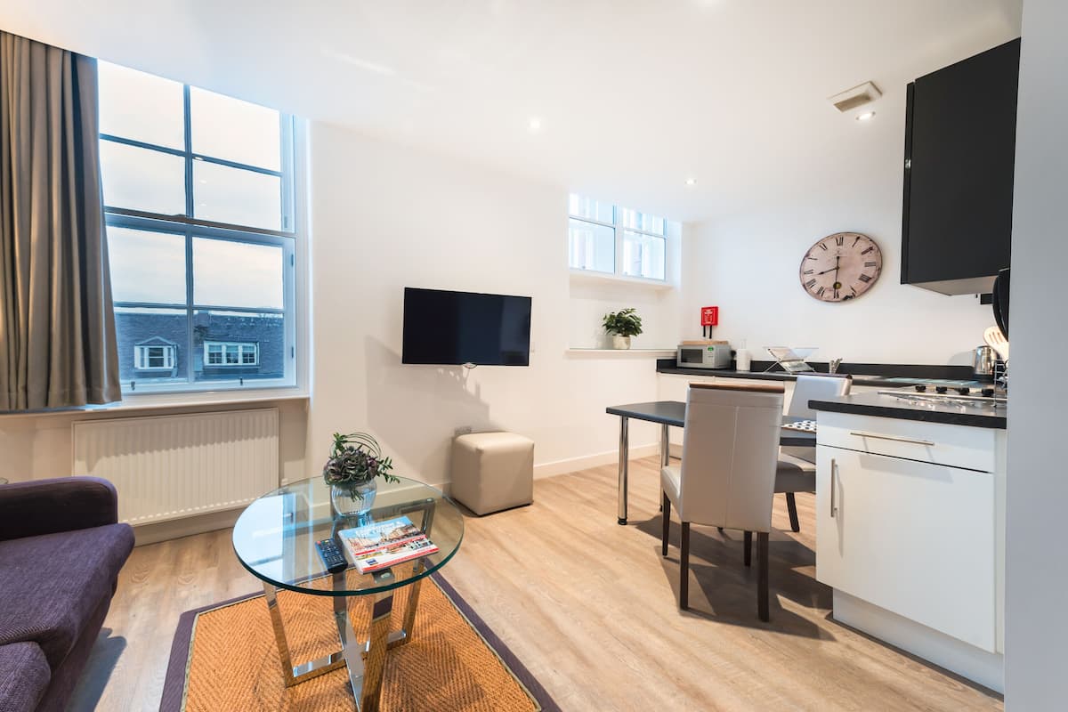 A modern apartment with a living room, dining area, and kitchen. It features a large window, a flat-screen TV, a clock, and a potted plant.