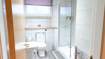 Ett modernt badrum med en dusch som är avskärmad med glasväggar, en toalett och ett handfat.