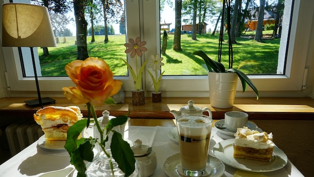 A table with a tea set, a rose, and a view of a green landscape through a window.