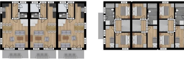 A hotel layout with multiple bedrooms, a central living area, and a kitchen. - Dormio Resort Obertraun (Obertraun)
