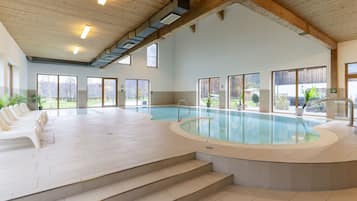 Indoor pool, open 9:00 AM to 9:00 PM, sun loungers