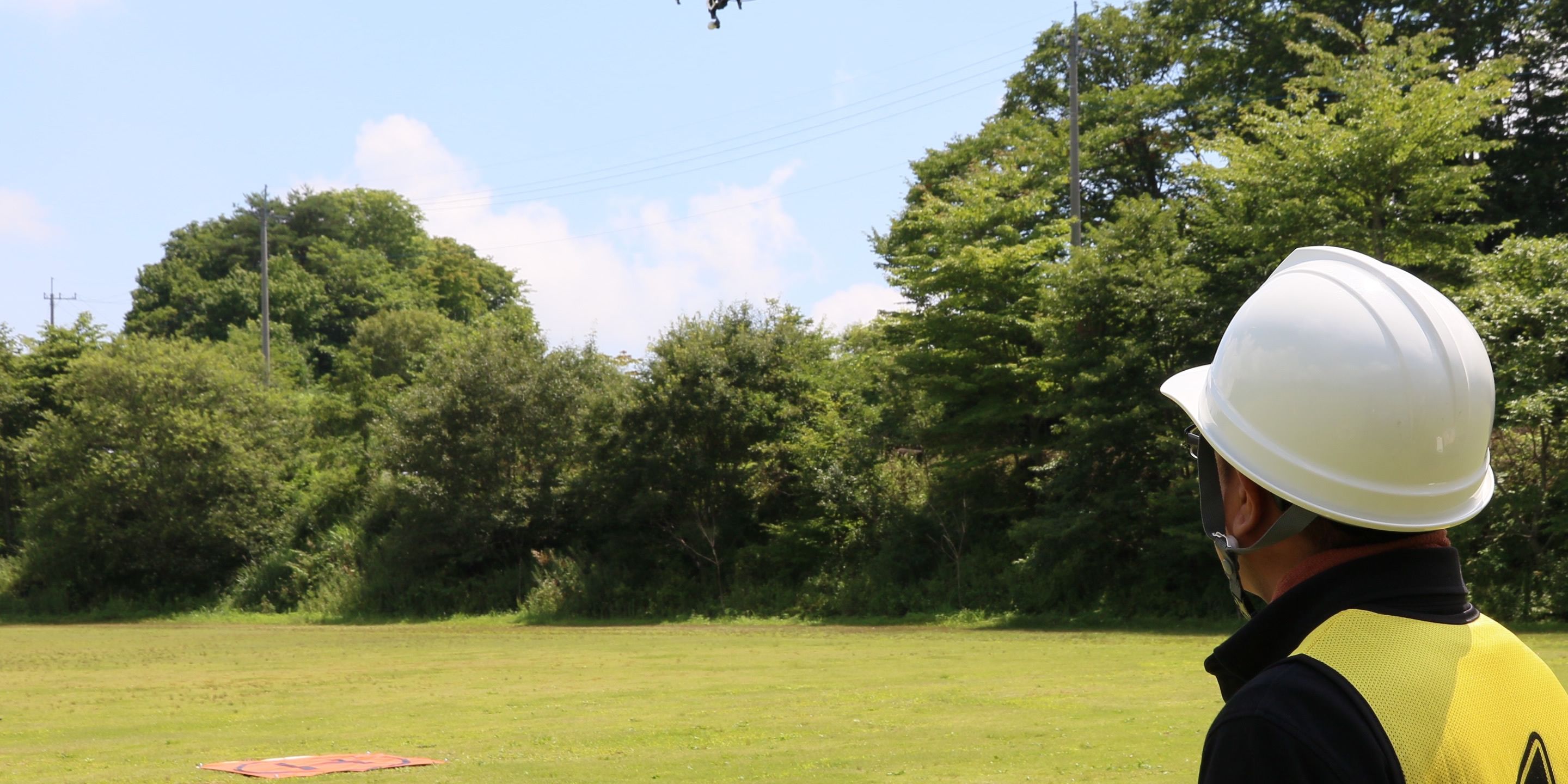 A person wearing a hard hat and safety vest standing in a grassy field with trees in the background.