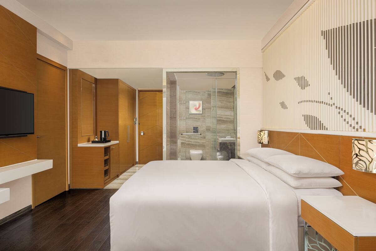 Habitación de hotel moderna con una cama grande, televisión de pantalla plana, ducha y baño con paredes de vidrio.