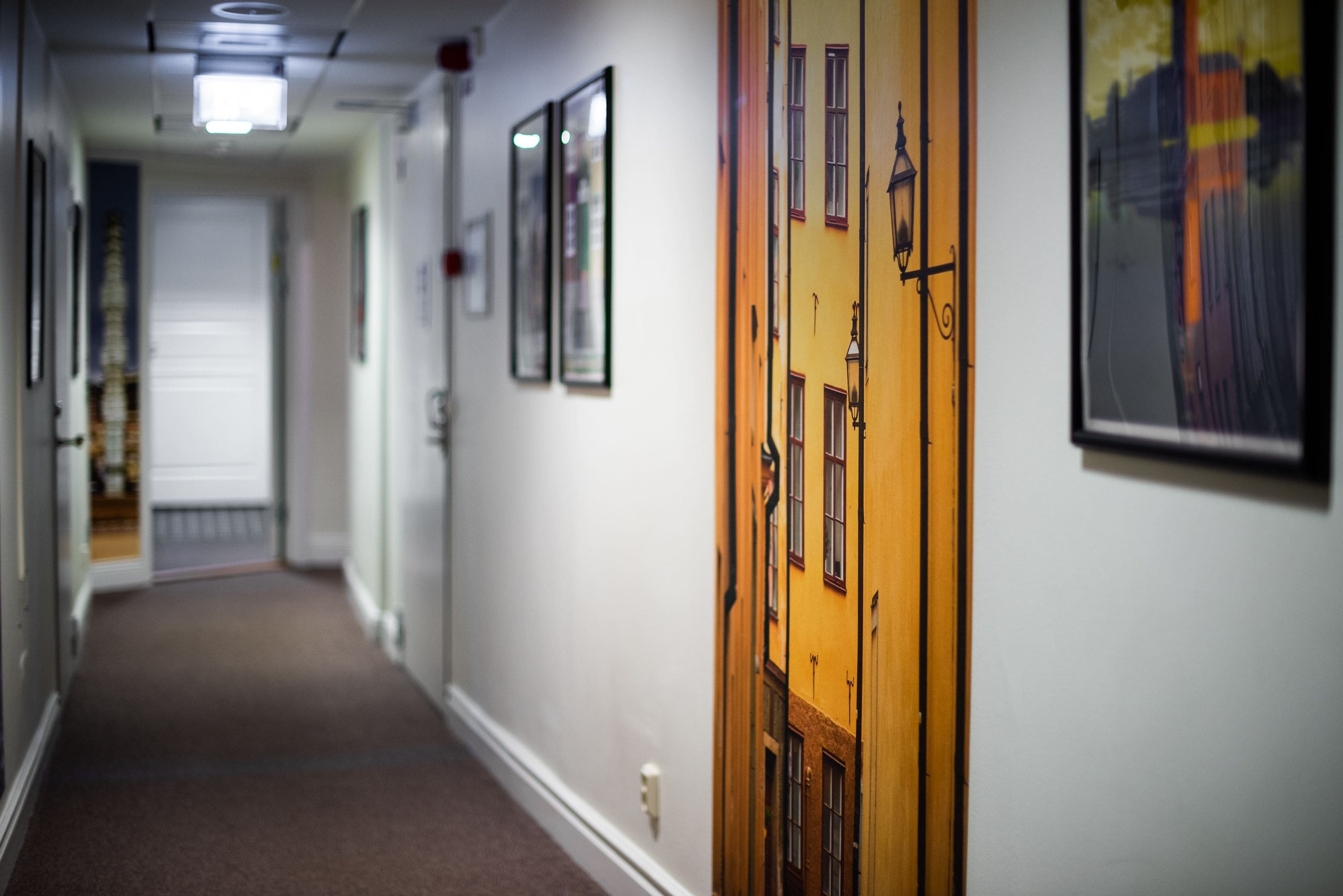 A hallway with framed pictures on the walls, a door with a window, and a carpeted floor.