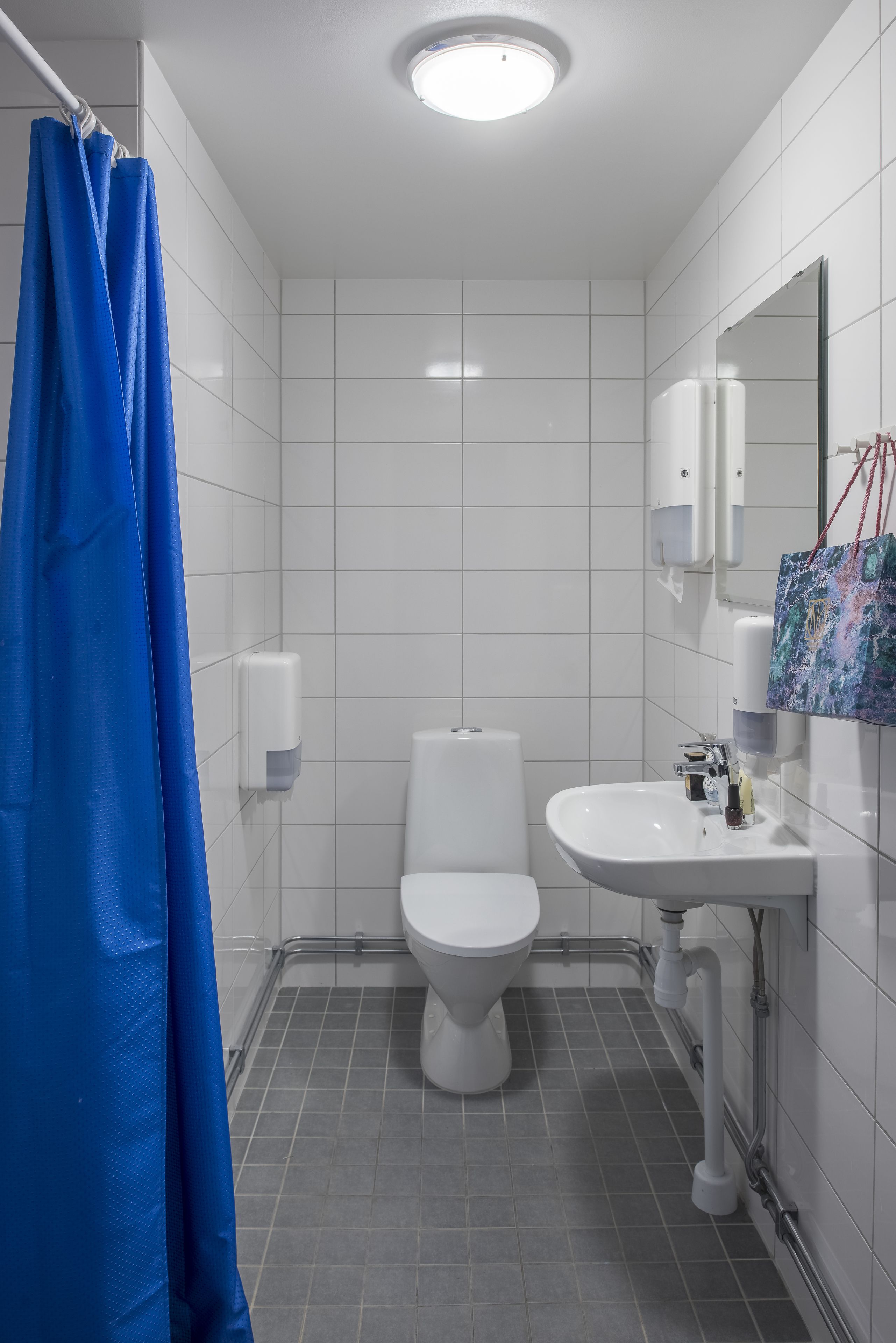 A bathroom with a white toilet, a sink with a mirror, and a blue shower curtain.