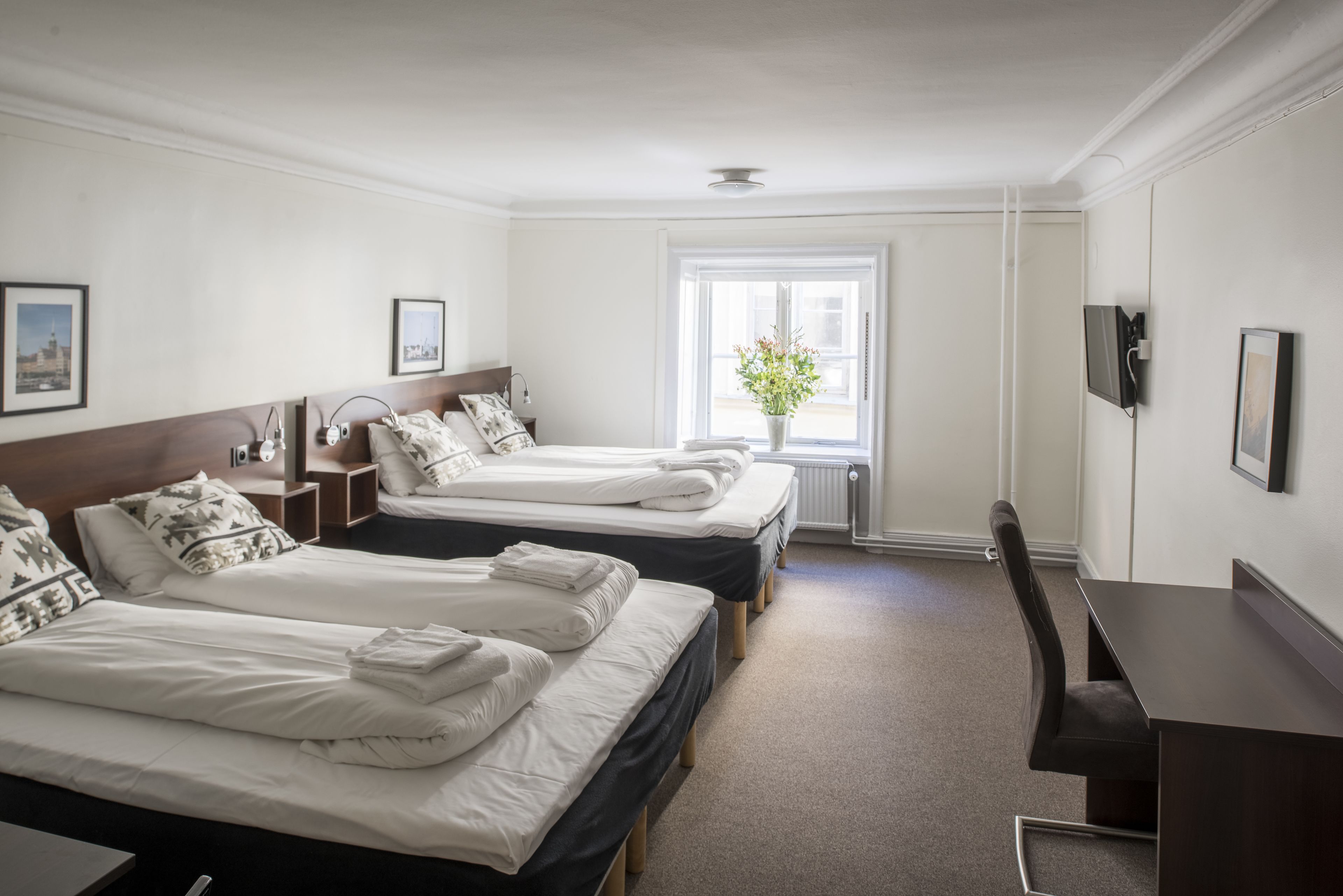 A hotel room with two beds, a desk, a chair, a TV, and a window with a plant.
