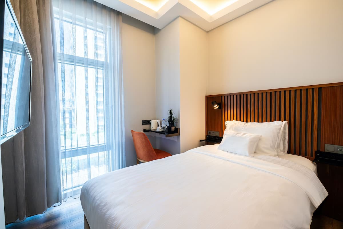 A hotel room with a large bed, a chair, a small table with a plant, and a window with curtains.