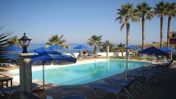 Seasonal outdoor pool, pool umbrellas, pool loungers