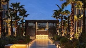 A pathway leading to a bar area with seating, surrounded by palm trees and decorative lighting.