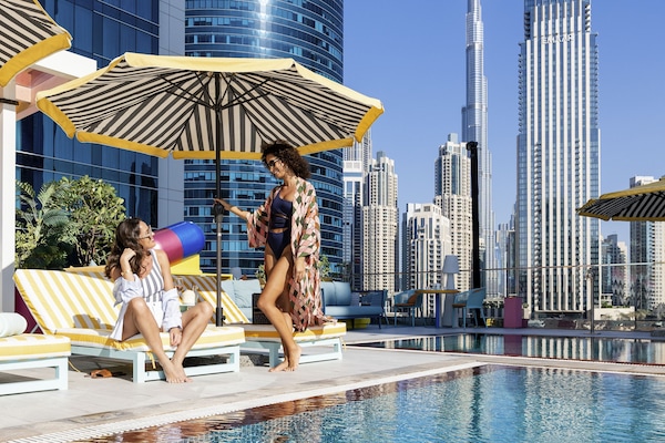 Outdoor pool, pool umbrellas, pool loungers