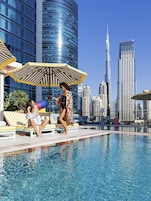 Outdoor pool, pool umbrellas, pool loungers