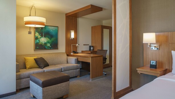 Una habitación de hotel con sofá, reposapiés, escritorio y cama.