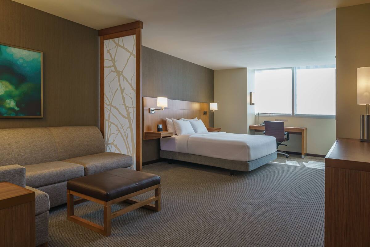 A hotel room with a bed, a sofa, a desk, and a chair.