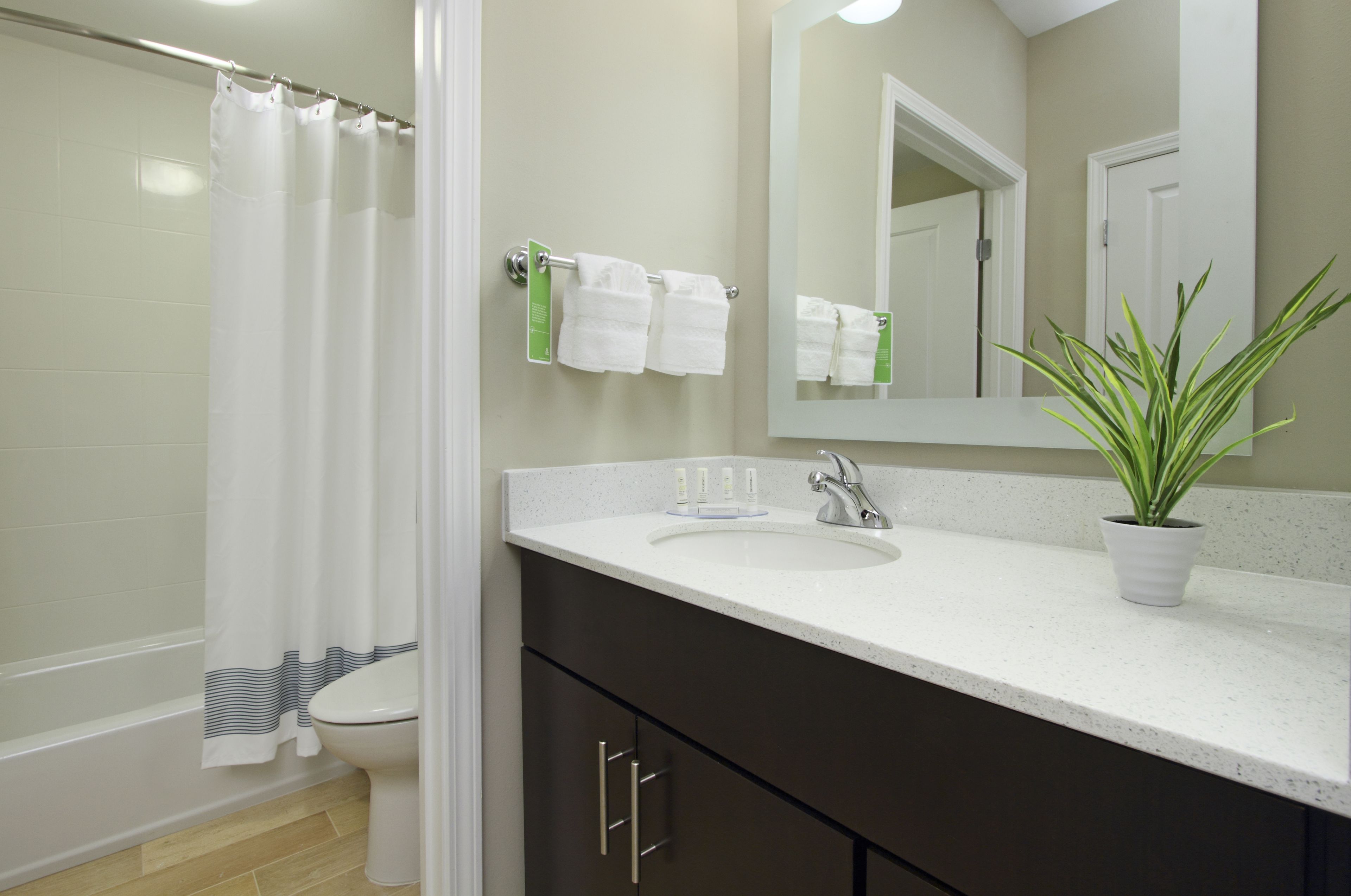 combined shower/bathtub, free toiletries, hair dryer, towels