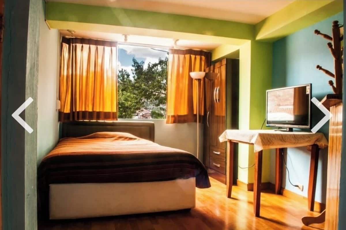 Une chambre à coucher avec un lit, un bureau avec une télévision et une fenêtre avec des rideaux.