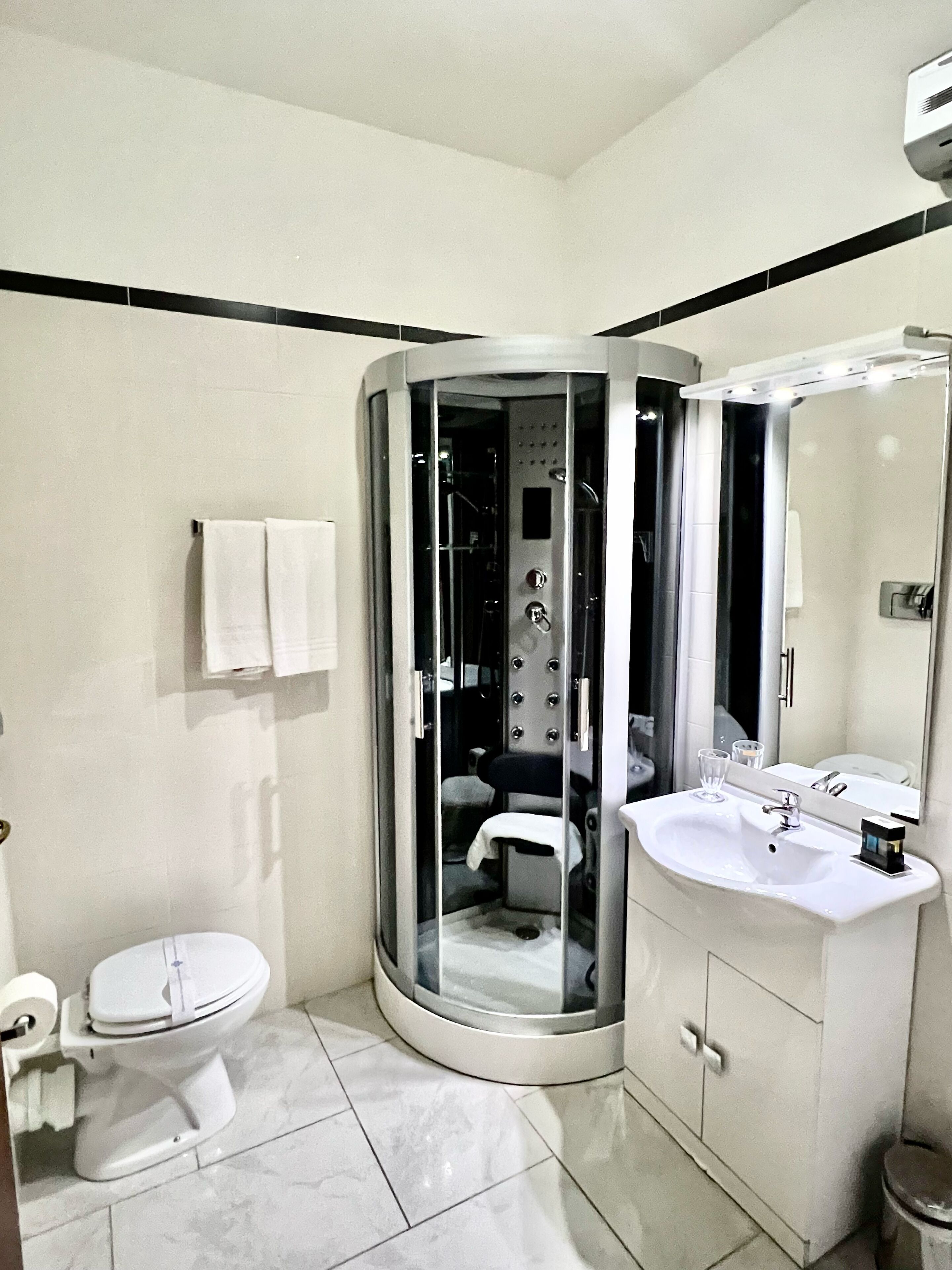 Ein modernes Badezimmer mit einer gläsernen Duschkabine, einem weißen Waschbecken und einer Toilette.