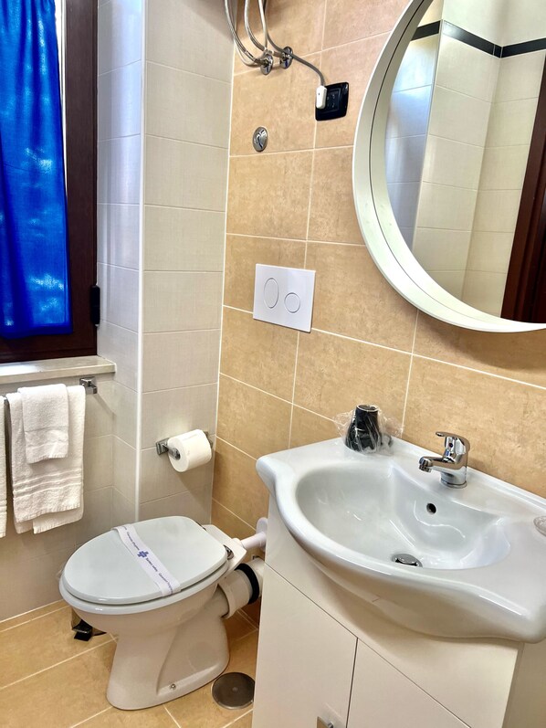 Baño con inodoro, lavabo, espejo y perchero para toallas.