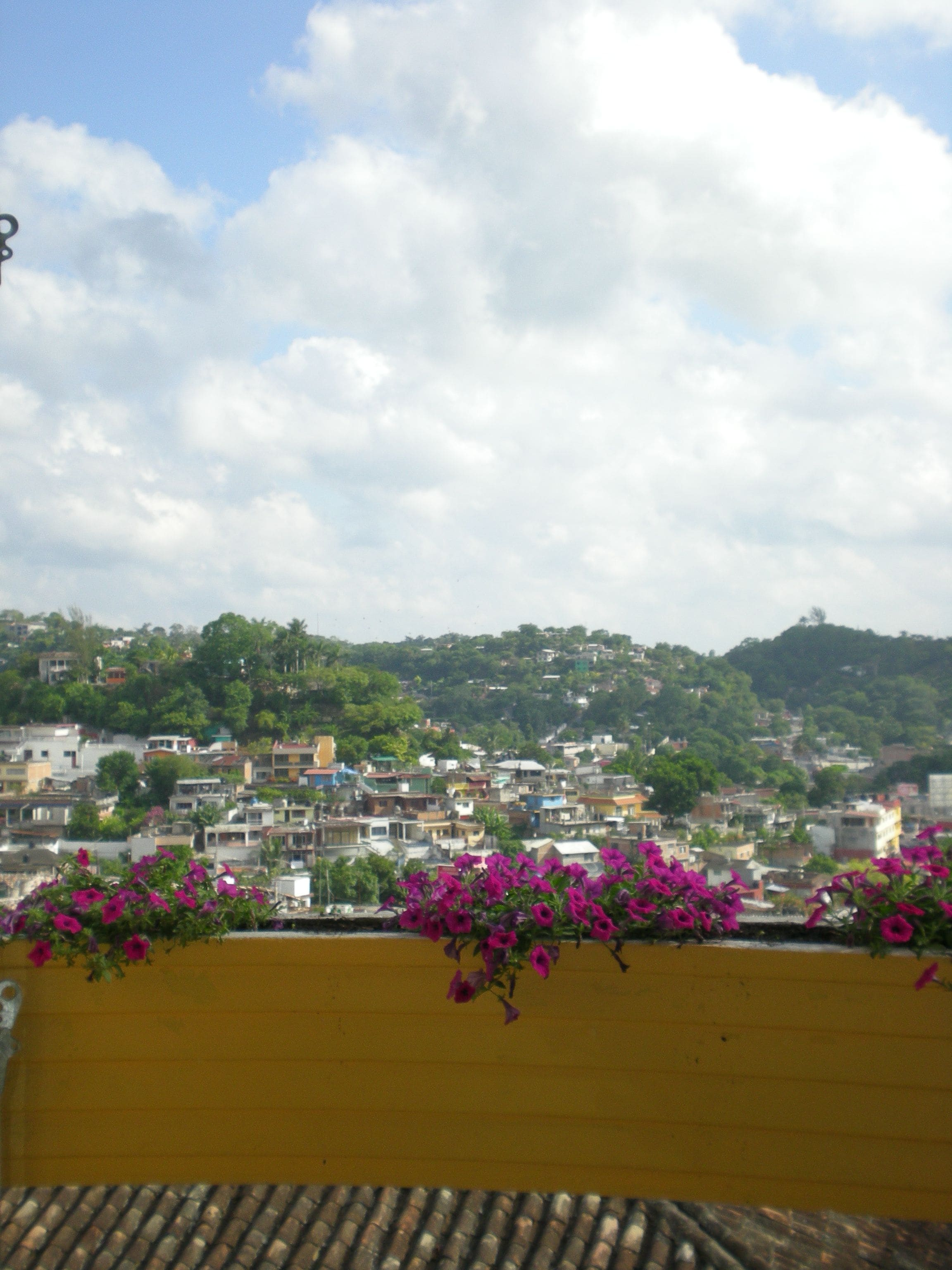 Varanda com grades amarelas e flores cor-de-rosa, com vista para uma cidade montanhosa densamente povoada, com edifícios e vegetação.