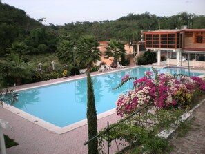 A swimming pool with a view of a building and lush greenery in the background.