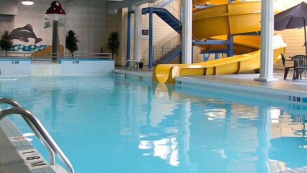 Una piscina interior con tobogán, un mural de delfines y una escalera.