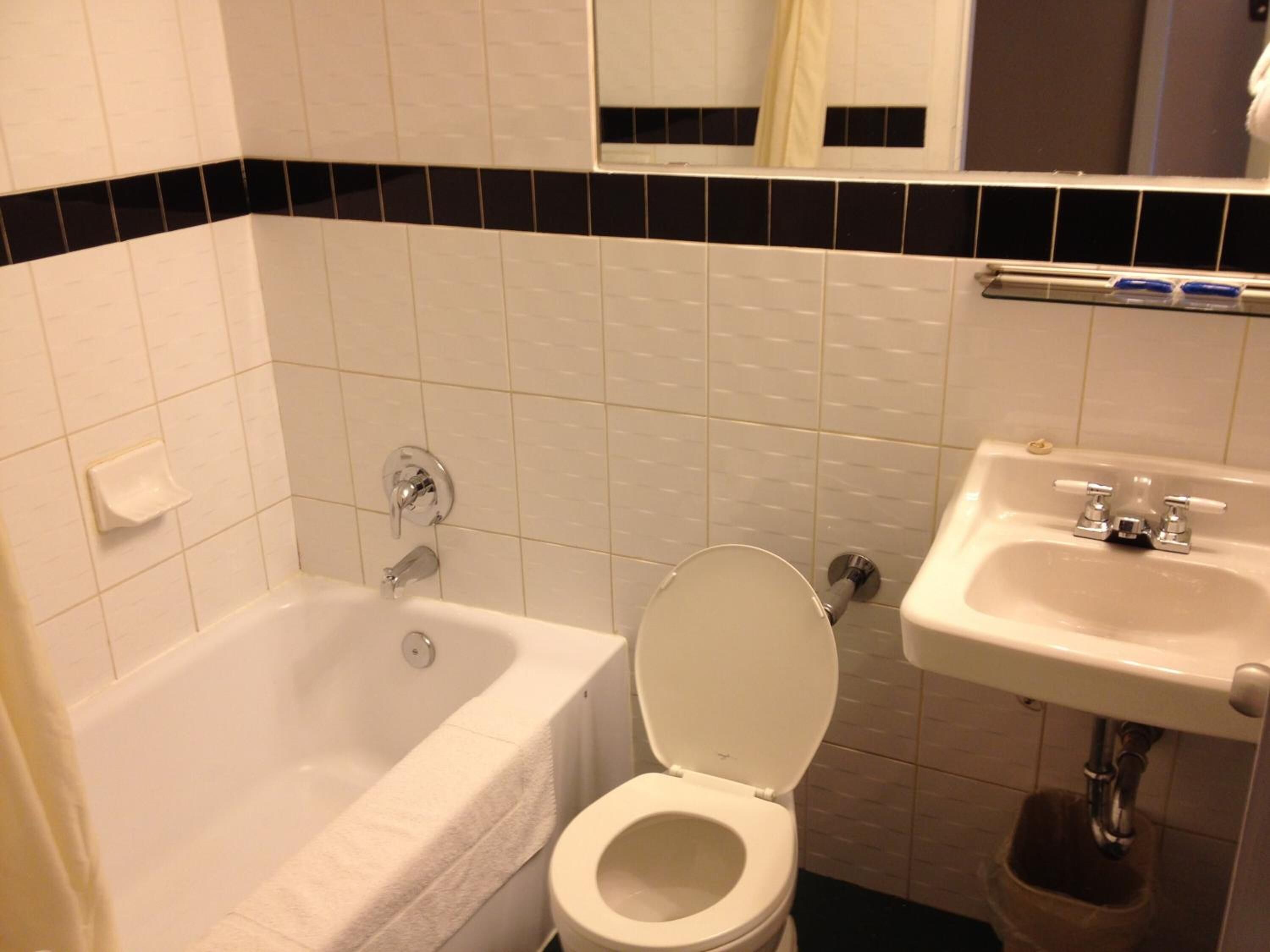 combined shower/bathtub, free toiletries, towels