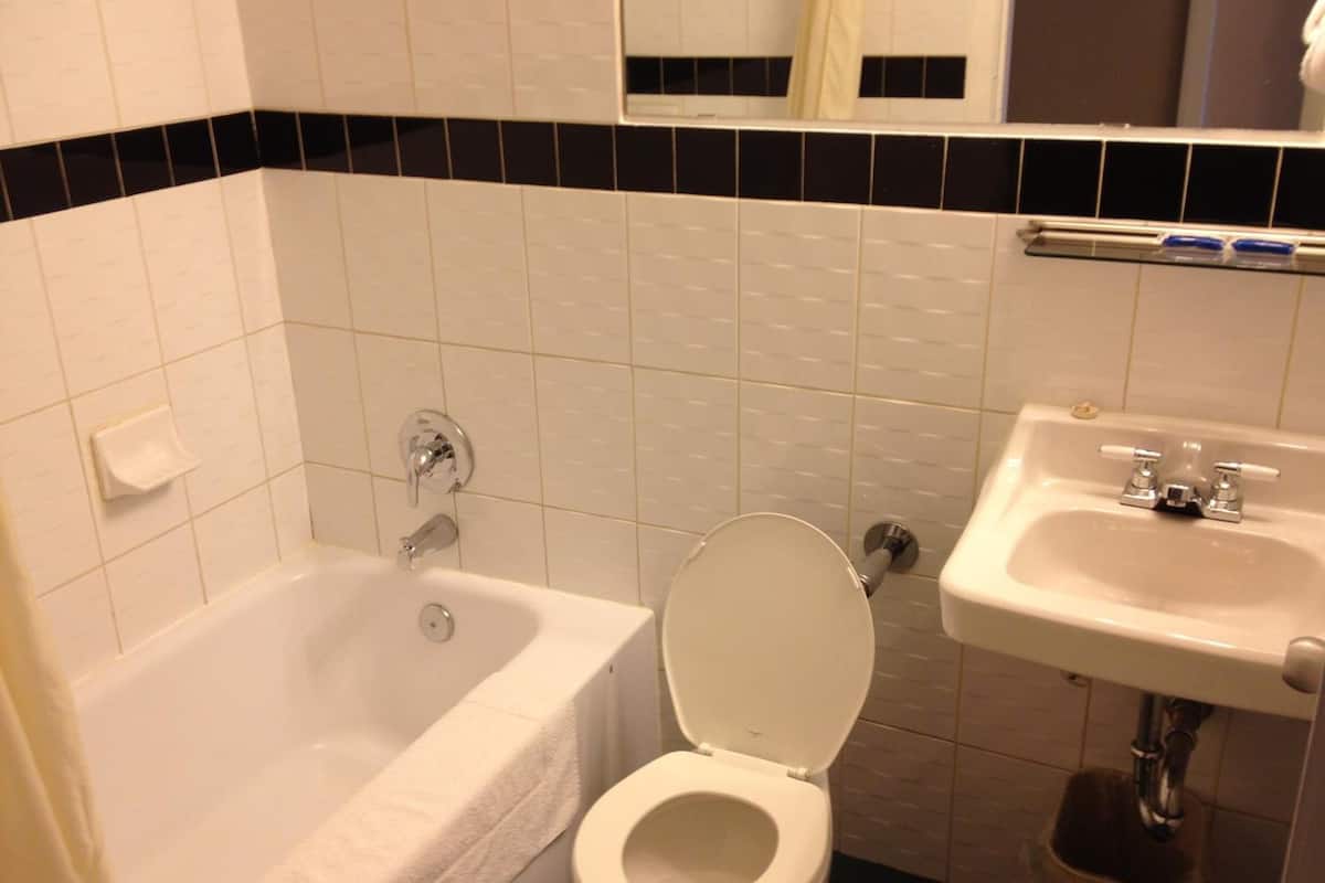 combined shower/bathtub, free toiletries, towels