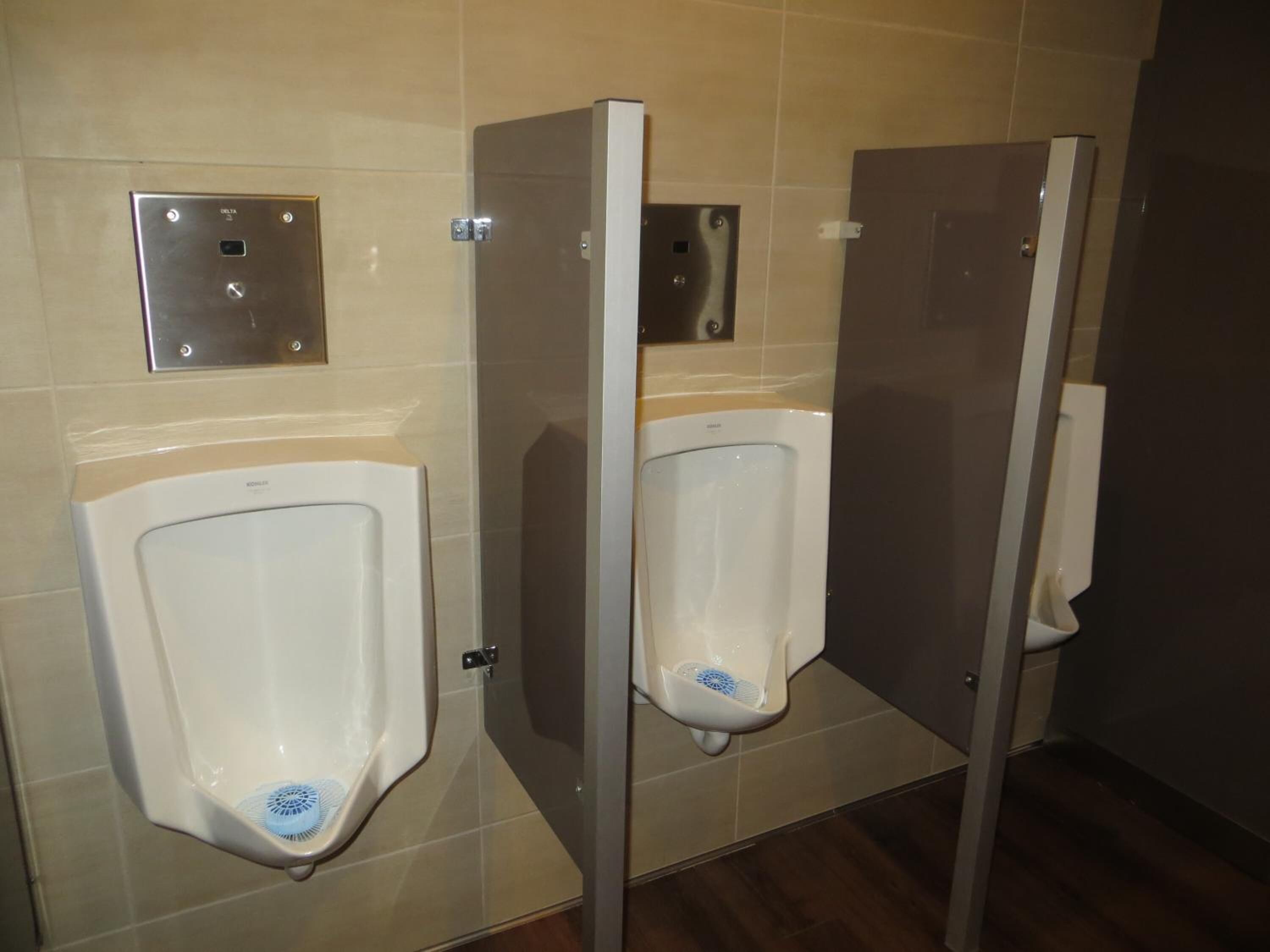 Een herentoilet met twee urinoirs, een toiletrolhouder en een spoelknop aan de muur.