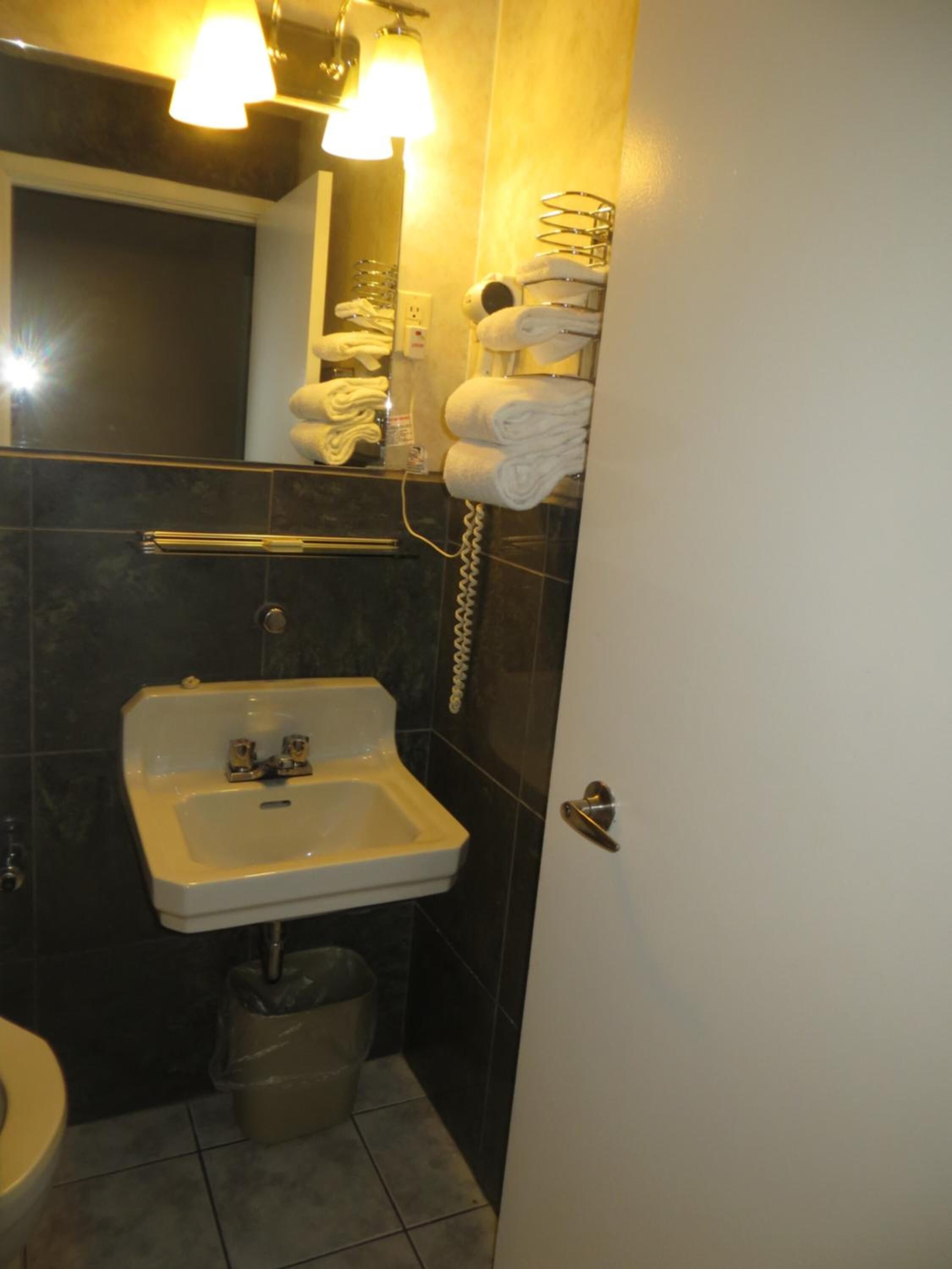 combined shower/bathtub, free toiletries, towels