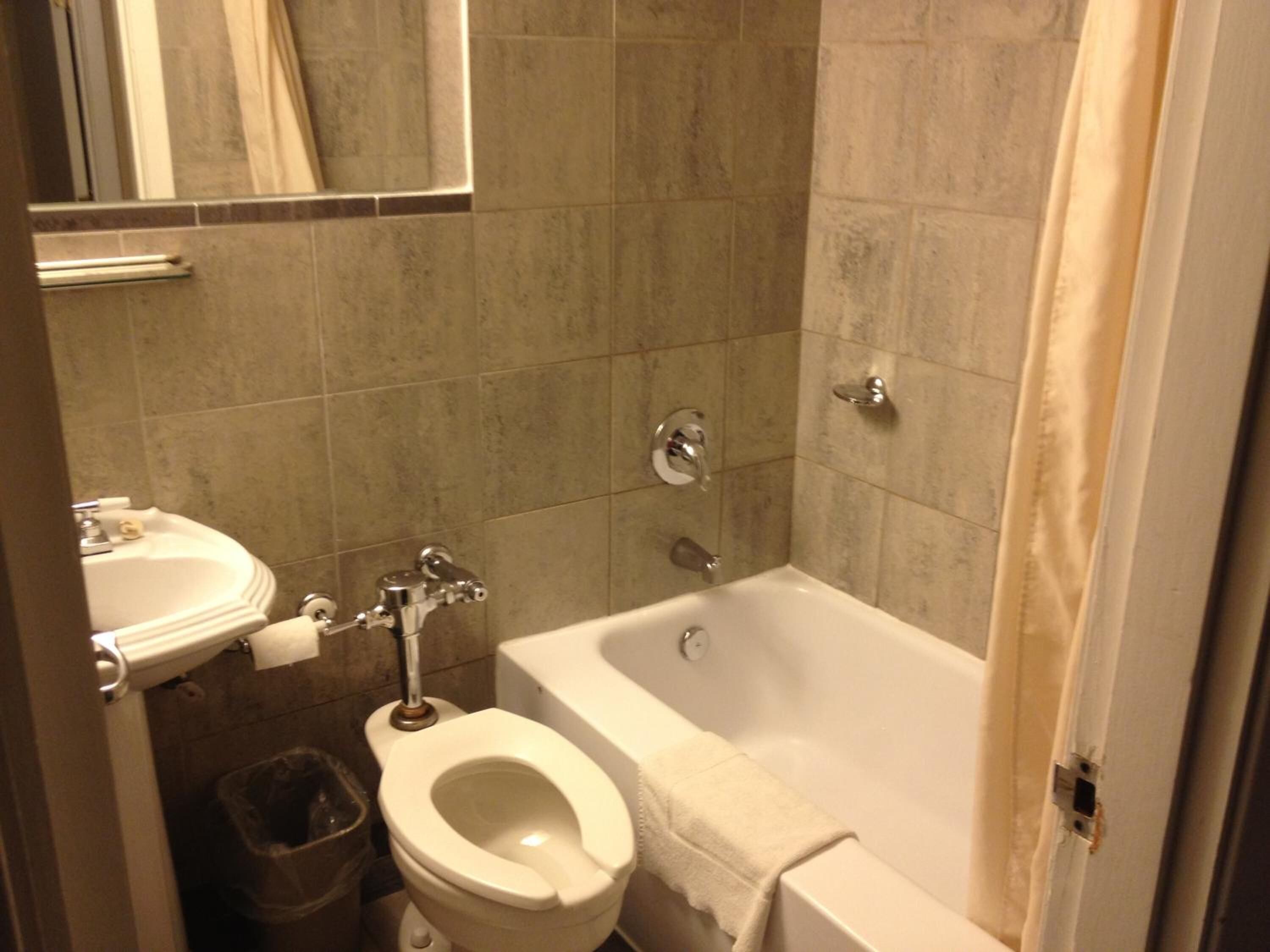 combined shower/bathtub, free toiletries, towels