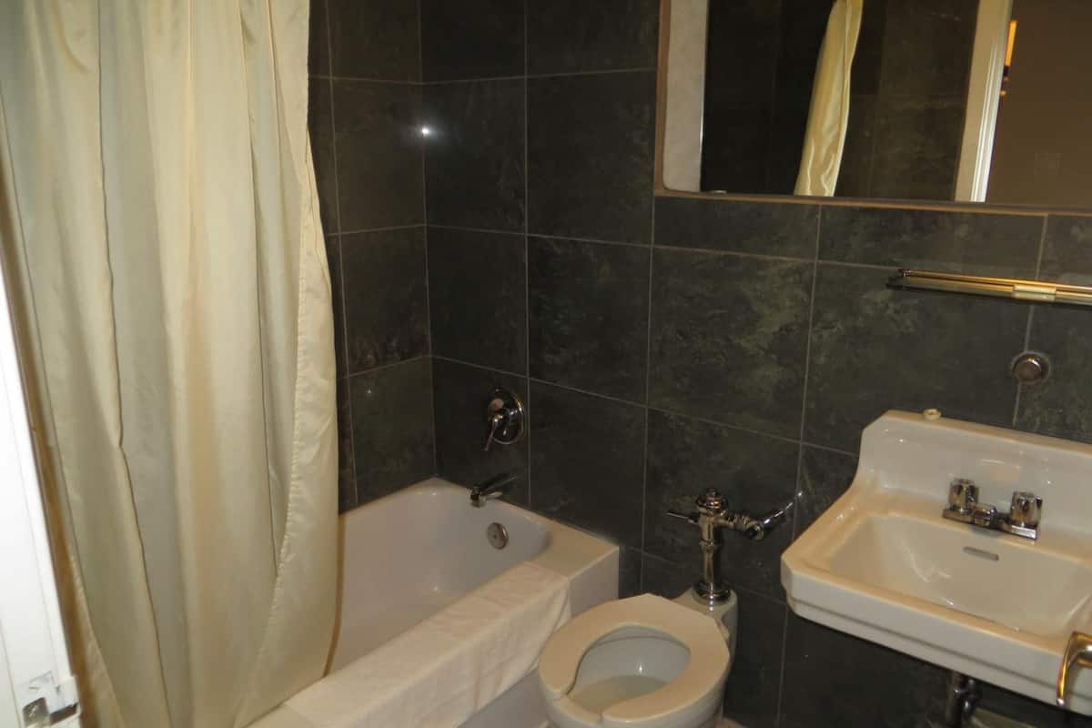 combined shower/bathtub, free toiletries, towels