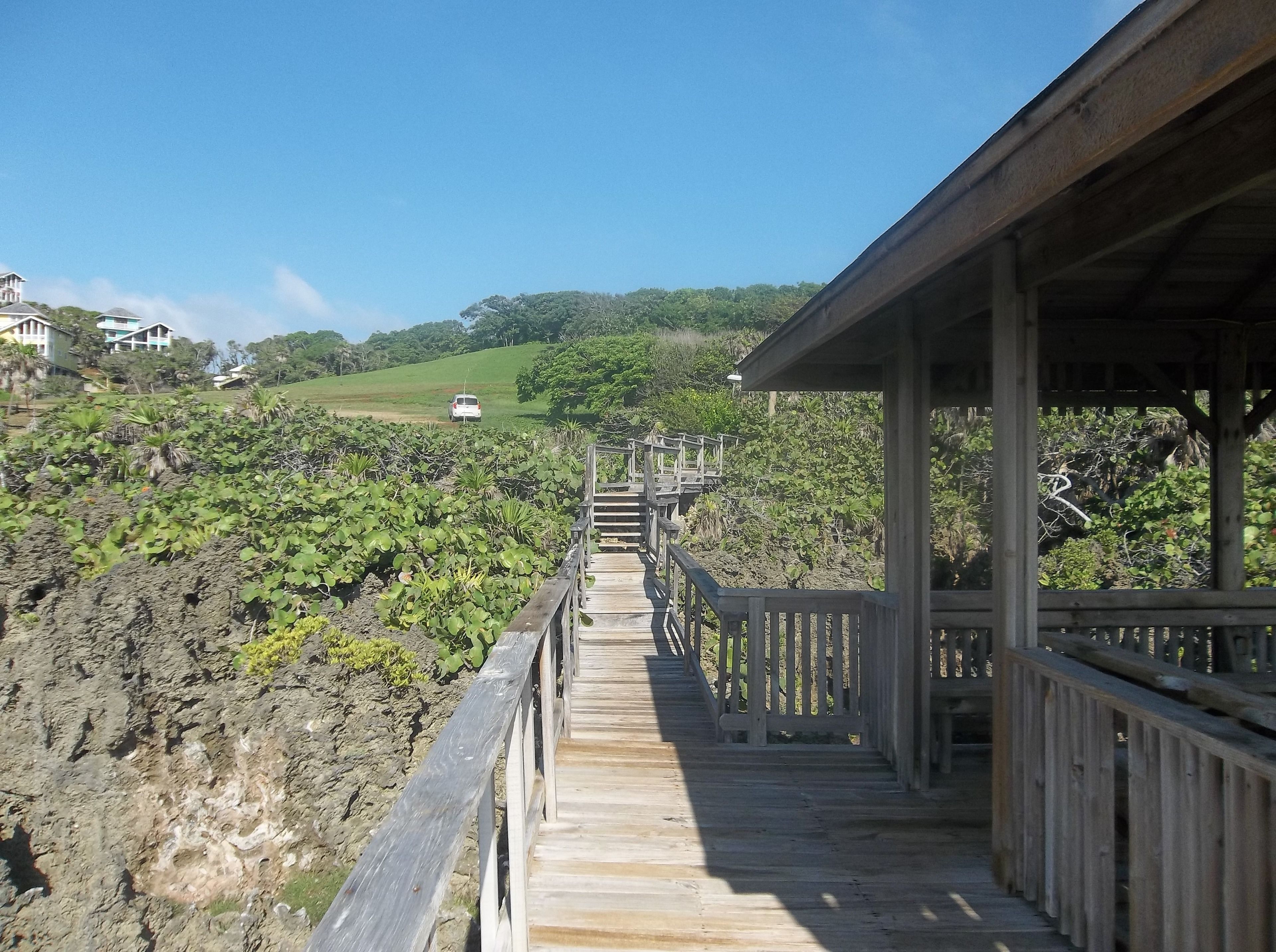 A wooden deck leading to a covered area with a view of a green landscape and a distant car.