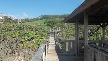 A wooden deck leading to a covered area with a view of a green landscape and a distant car.