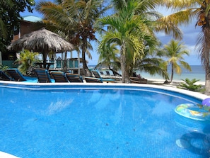 Piscina externa, funciona das 8h às 22h, espreguiçadeiras