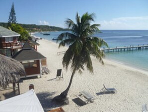 Ett hotell vid stranden med en byggnad som har ett tak av halmtak, ett palmträd och en brygga som sträcker sig ut i havet.