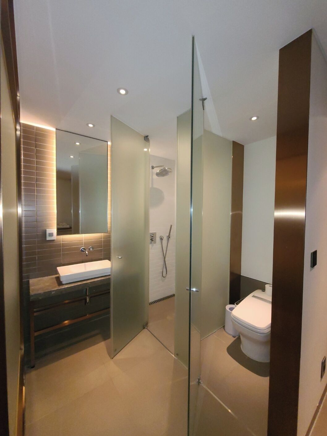 A modern bathroom with a glass-enclosed shower, a standalone toilet, and a vanity with a mirror.