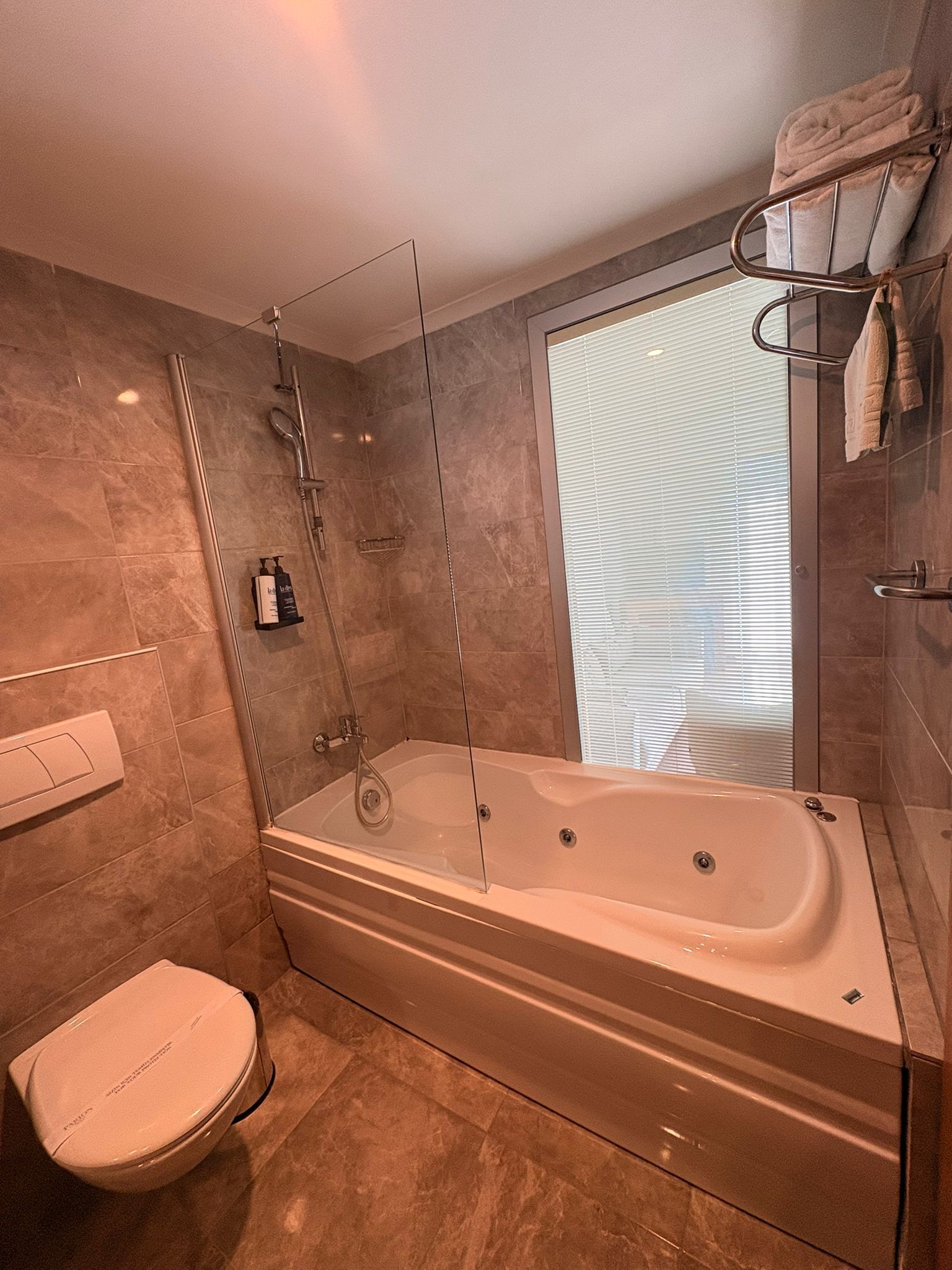 A modern bathroom with a glass-enclosed shower, a standalone toilet, and a glass-enclosed bathtub.